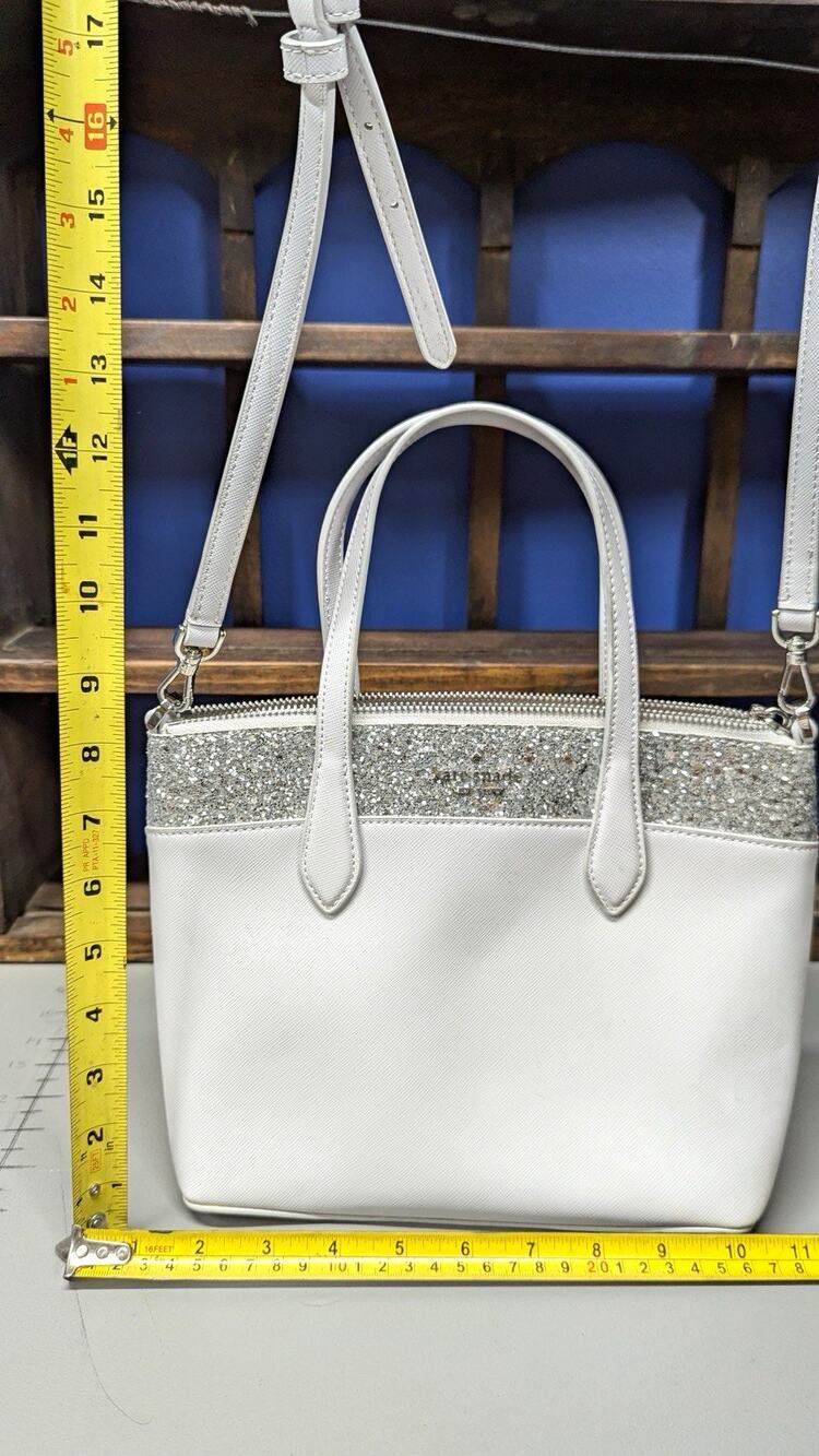 Kate Spade New York White Silver Glitter Small Satchel Top Handle Crossbody